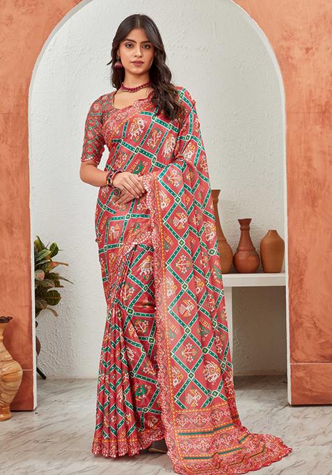 Pink Mirror Work Chiffon Saree Set