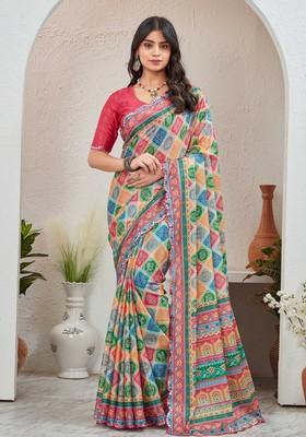 Rani Pink Mirror Work Chiffon Saree Set