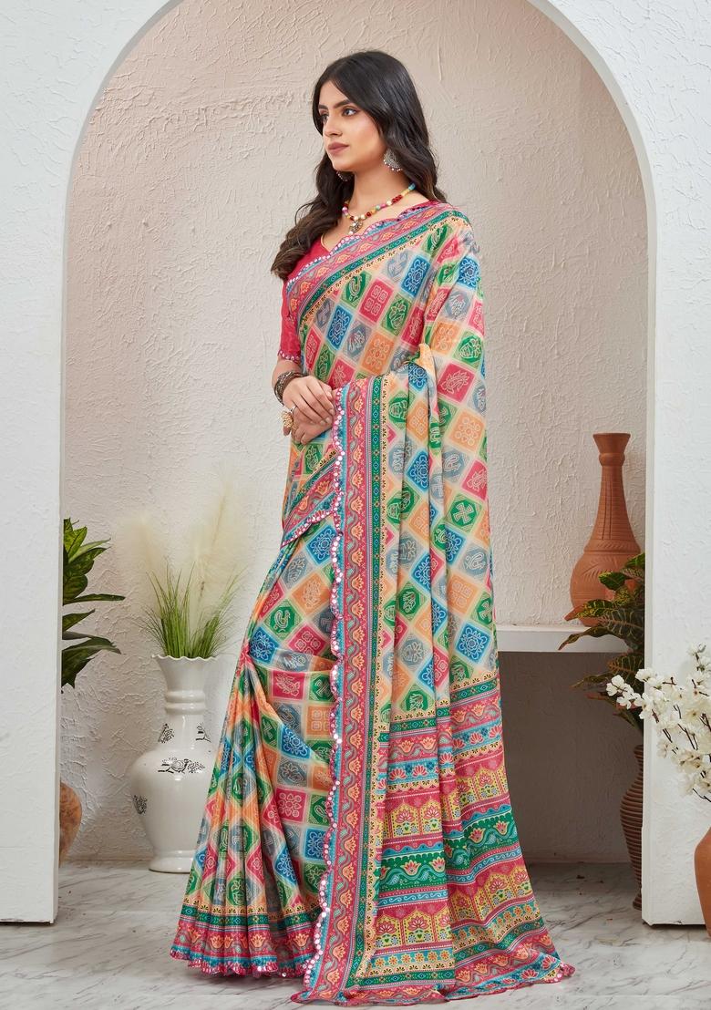 Rani Pink Mirror Work Chiffon Saree Set