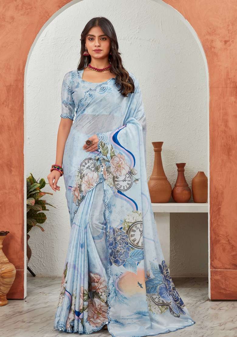 Sky Blue Mirror Work Chiffon Saree Set - Indya