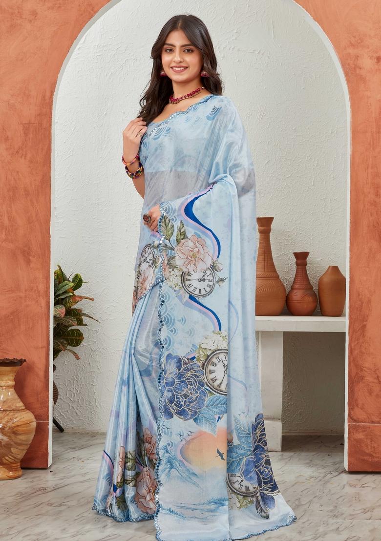 Sky Blue Mirror Work Chiffon Saree Set