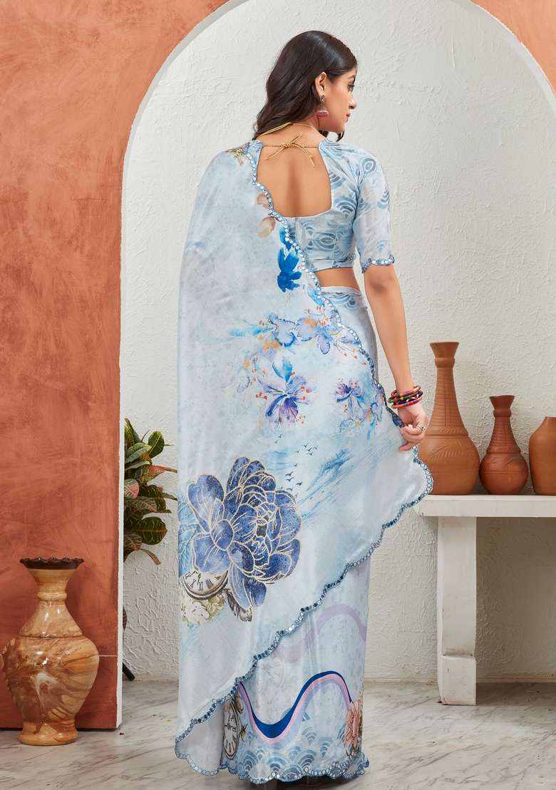 Sky Blue Mirror Work Chiffon Saree Set - Indya