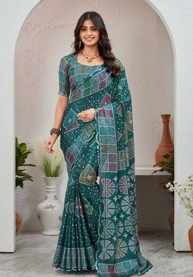 Teal Blue Mirror Work Chiffon Saree Set