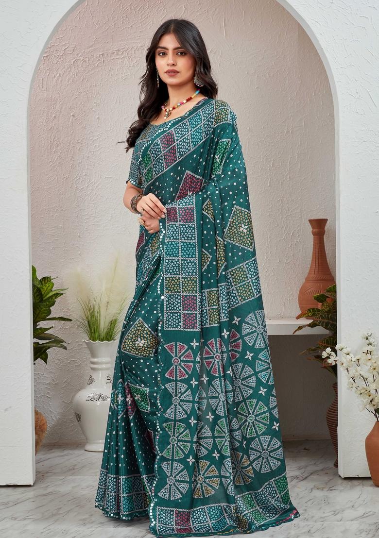 Teal Blue Mirror Work Chiffon Saree Set