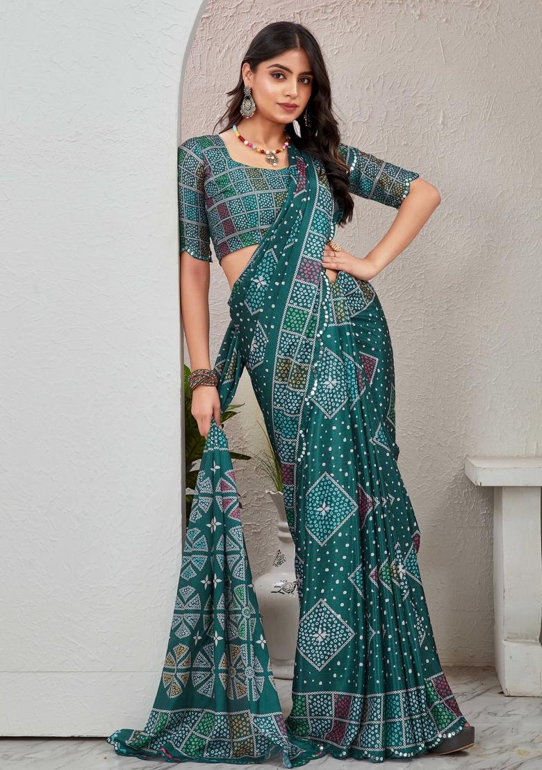 Teal Blue Mirror Work Chiffon Saree Set