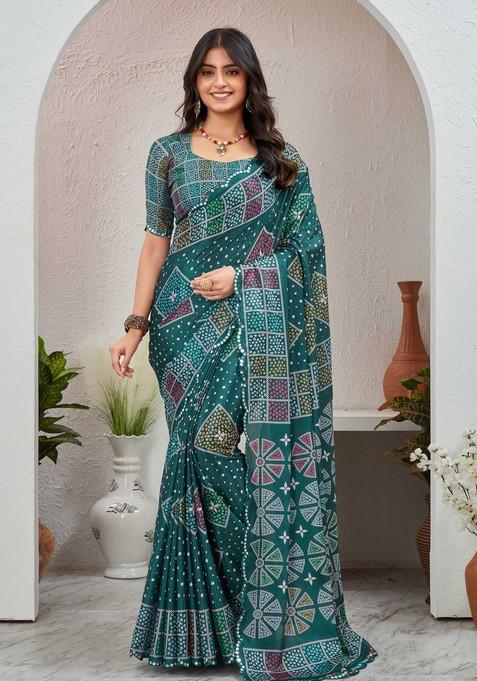 Teal Blue Mirror Work Chiffon Saree Set