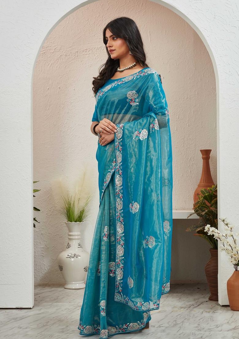 Blue Embroidered Organza Saree Set