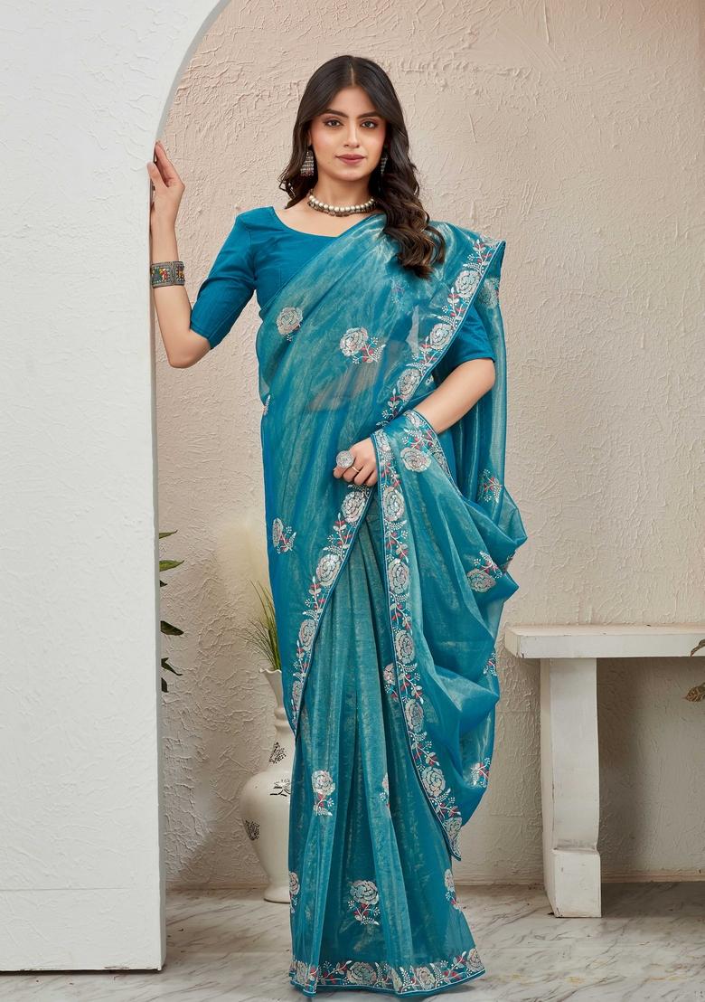 Blue Embroidered Organza Saree Set