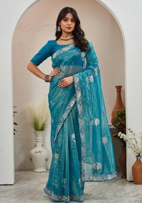 Blue Embroidered Organza Saree Set
