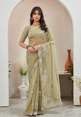 Olive Green Embroidered Organza Saree Set