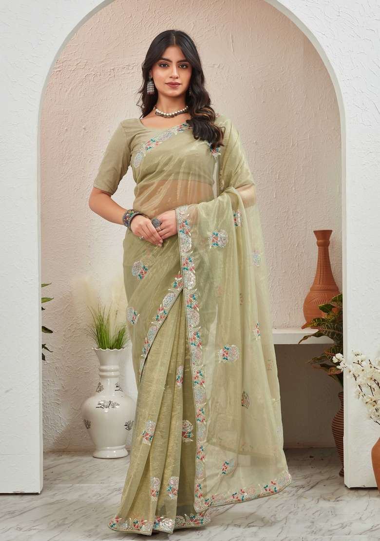 Olive Green Embroidered Organza Saree Set - Indya