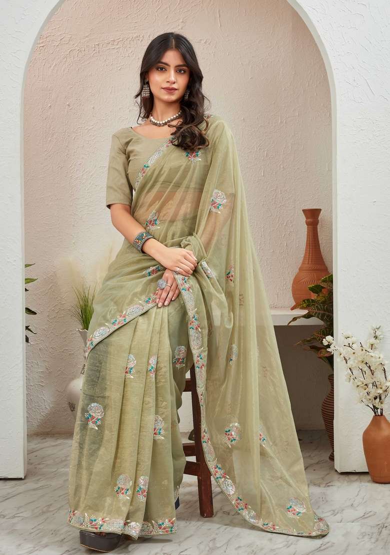 Olive Green Embroidered Organza Saree Set - Indya