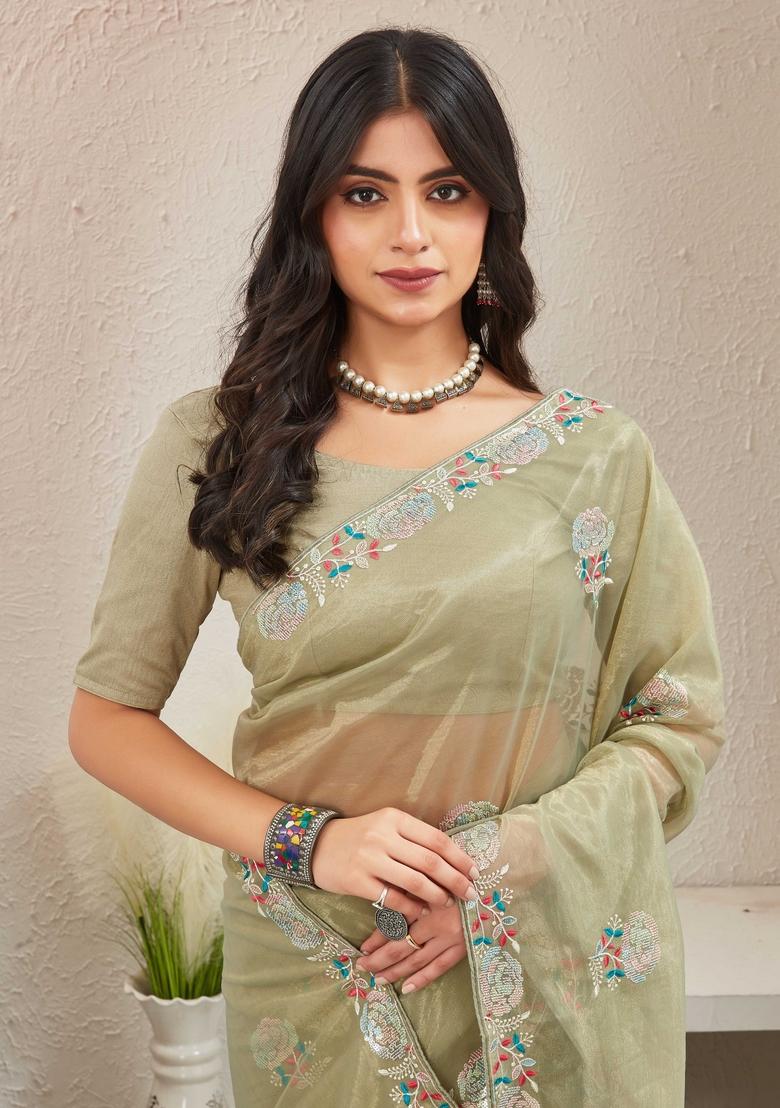 Olive Green Embroidered Organza Saree Set