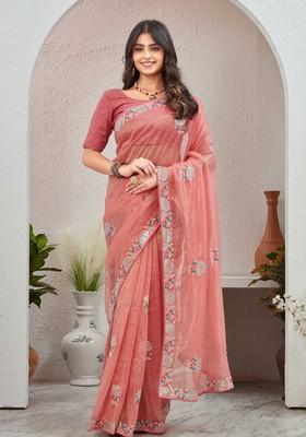 Pink Embroidered Organza Saree Set