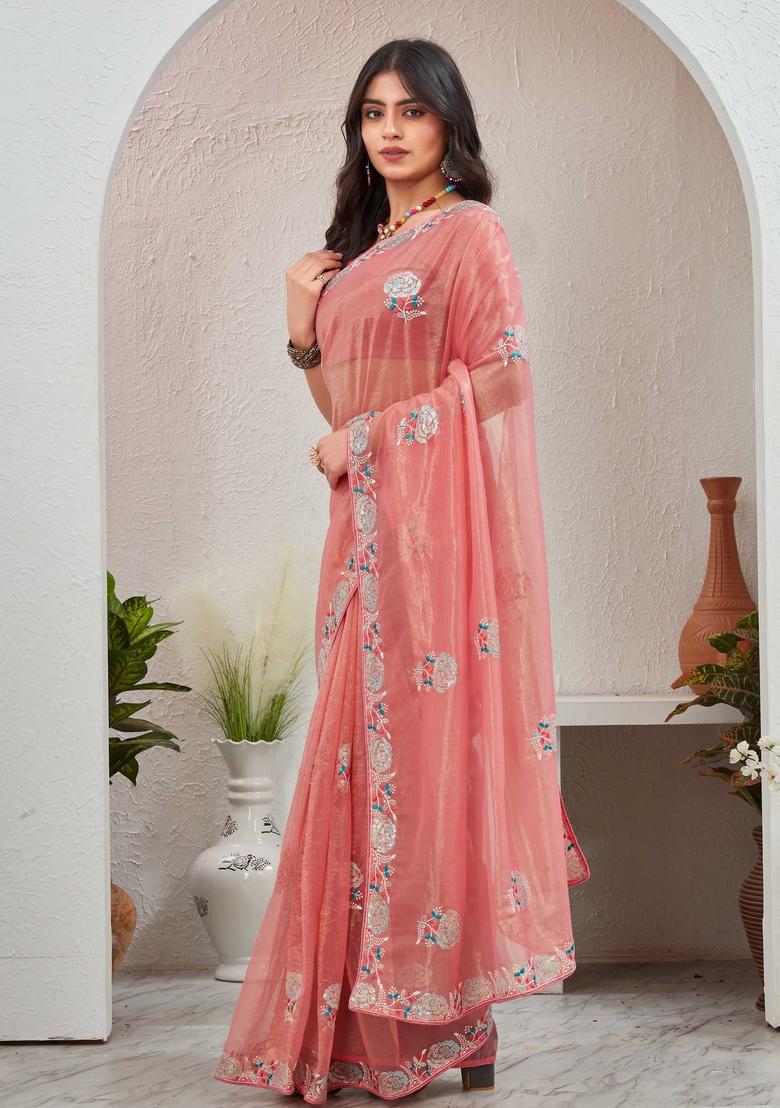 Pink Embroidered Organza Saree Set
