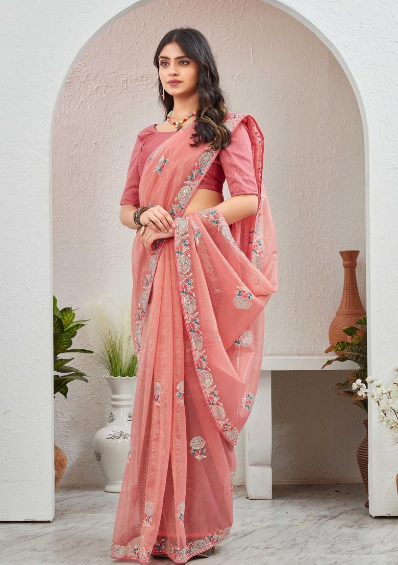 Pink Embroidered Organza Saree Set