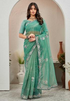 Sea Green Embroidered Organza Saree Set