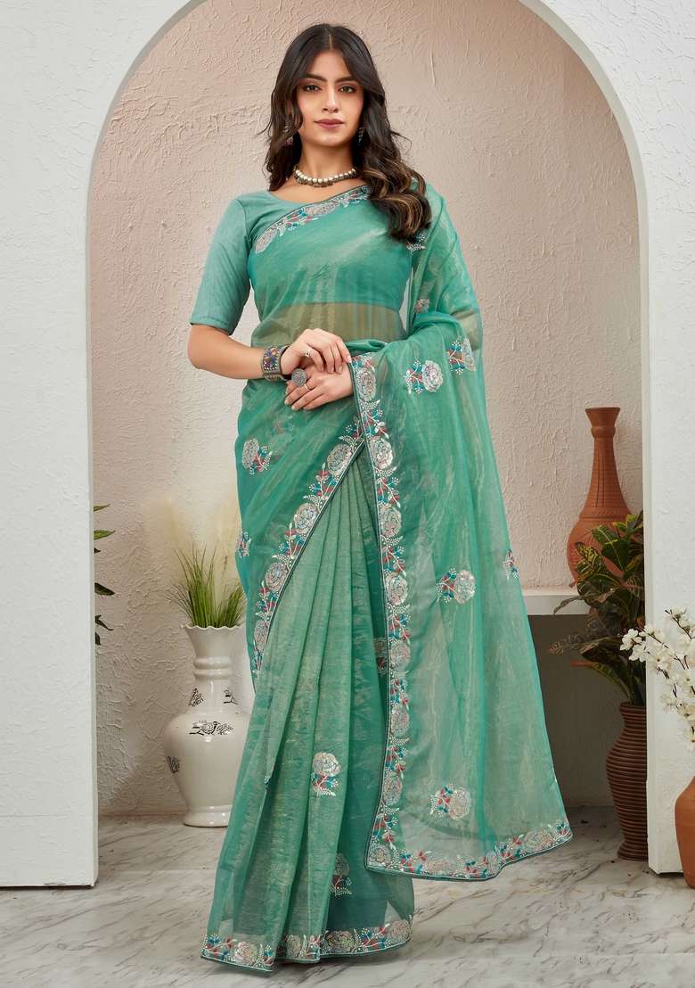 Sea Green Embroidered Organza Saree Set - Indya