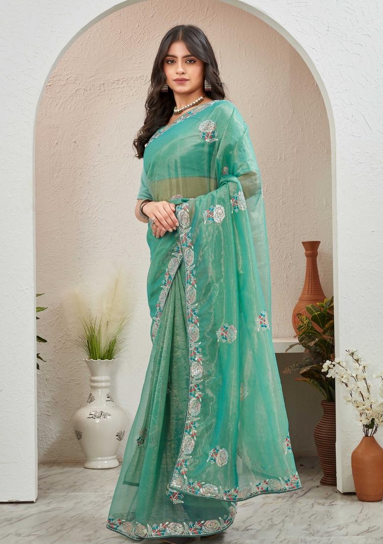 Sea Green Embroidered Organza Saree Set