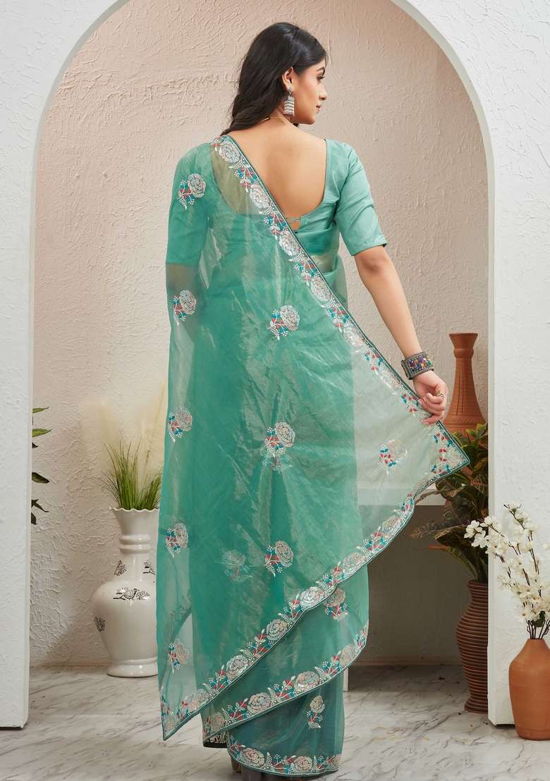 Sea Green Embroidered Organza Saree Set - Indya