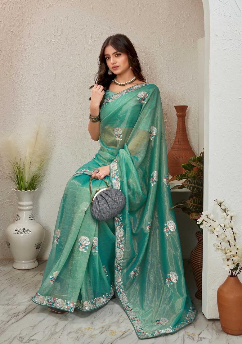 Sea Green Embroidered Organza Saree Set