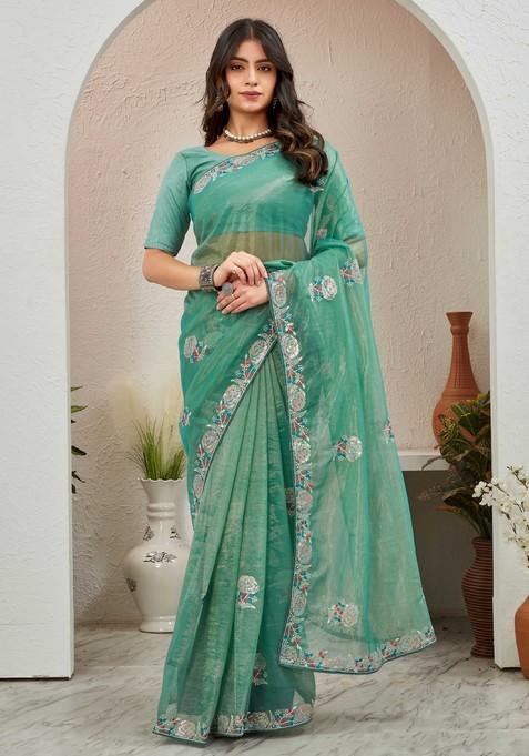 Sea Green Embroidered Organza Saree Set