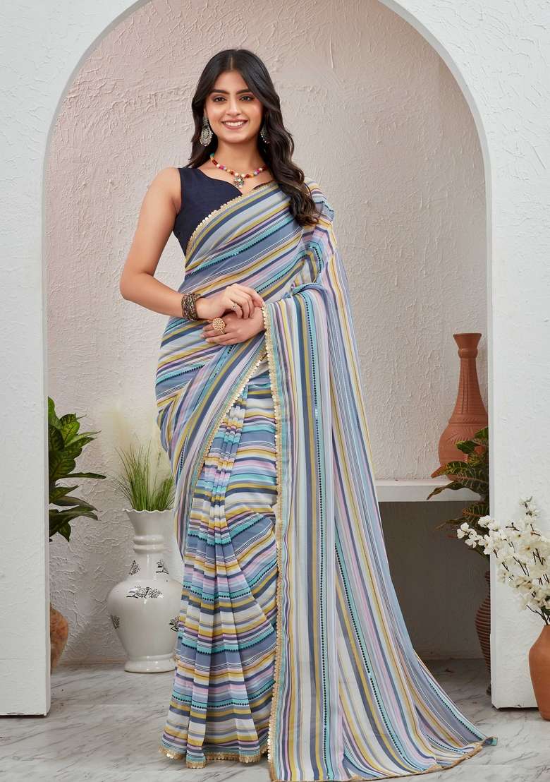 Blue Sequin Embroidered Georgette Saree Set - Indya