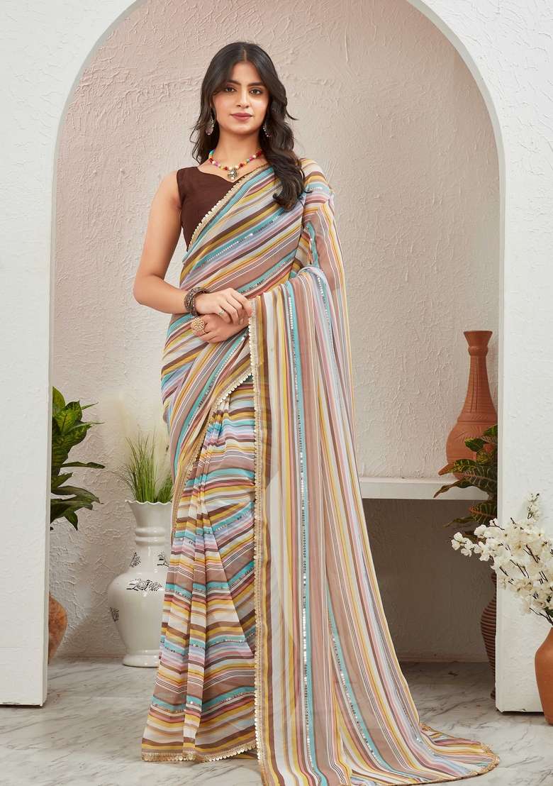 Brown Sequin Embroidered Georgette Saree Set - Indya