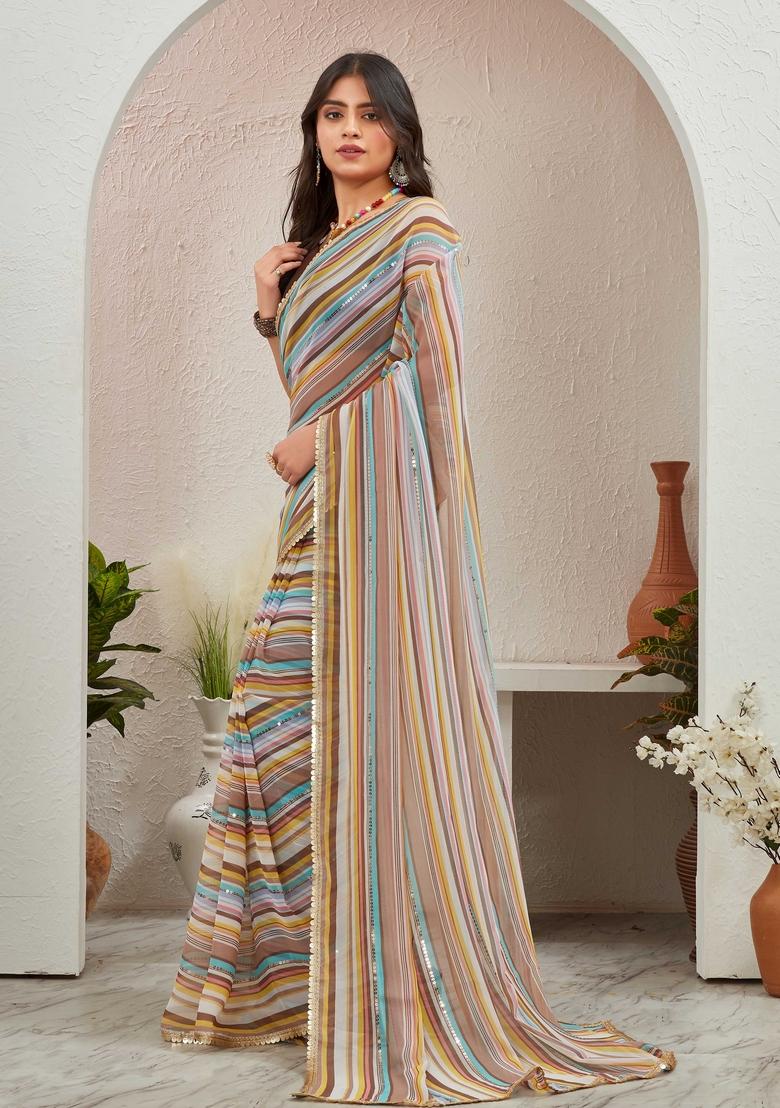 Brown Sequin Embroidered Georgette Saree Set