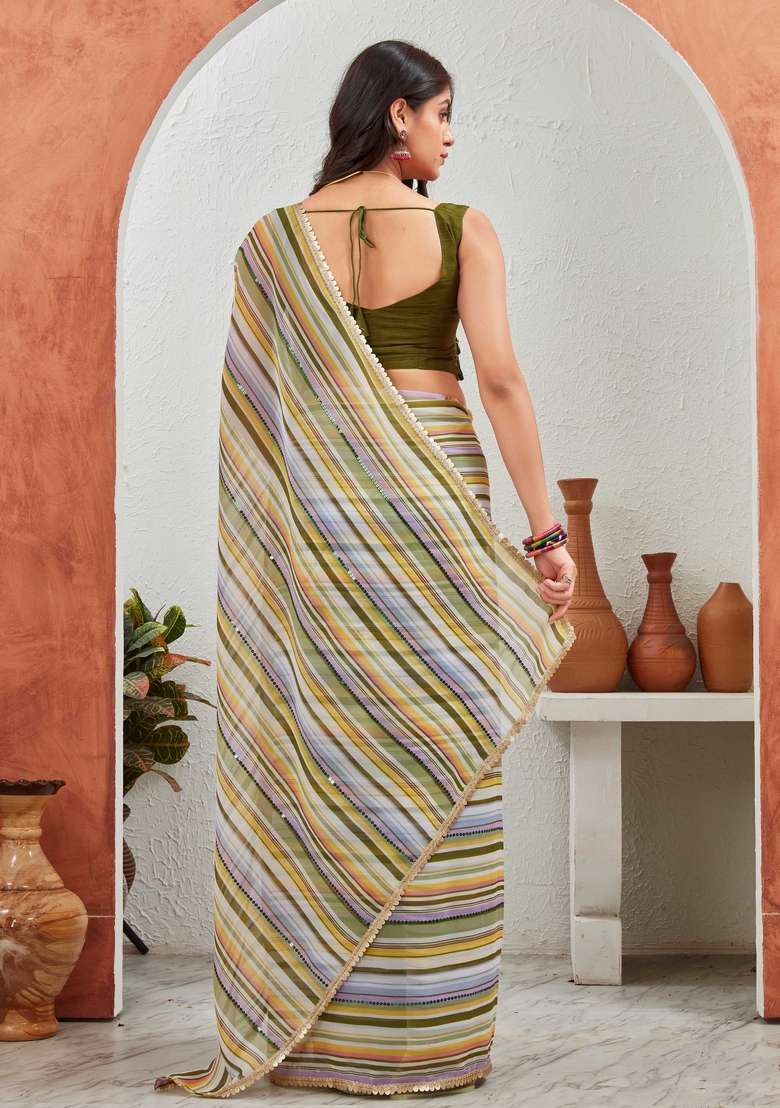 Green Sequin Embroidered Georgette Saree Set - Indya