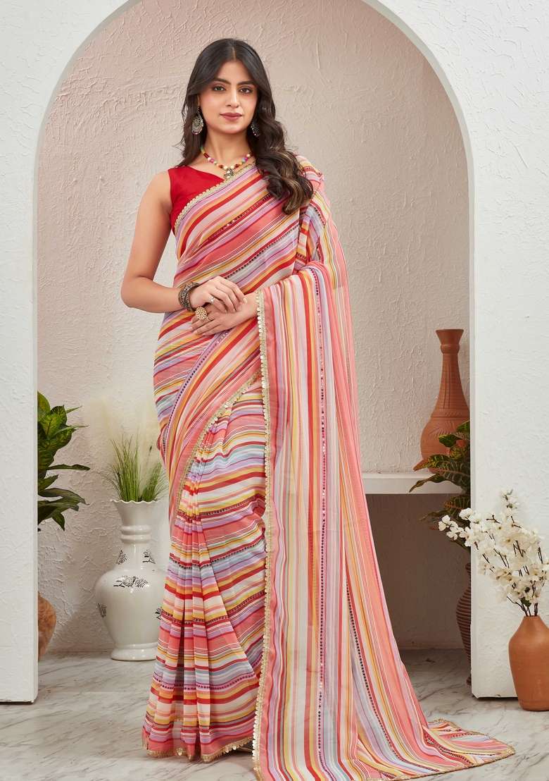 Red Sequin Embroidered Georgette Saree Set - Indya