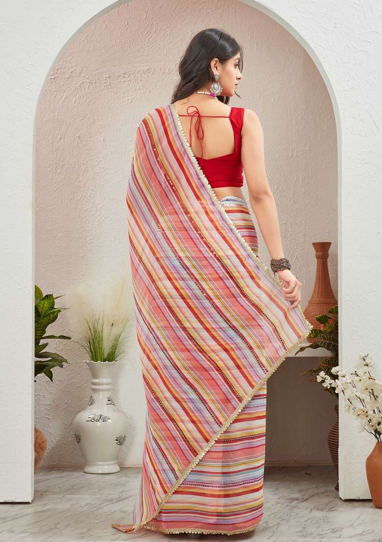 Red Sequin Embroidered Georgette Saree Set - Indya
