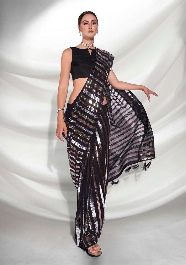 Black Sequin Embroidered Georgette Saree Set - Indya