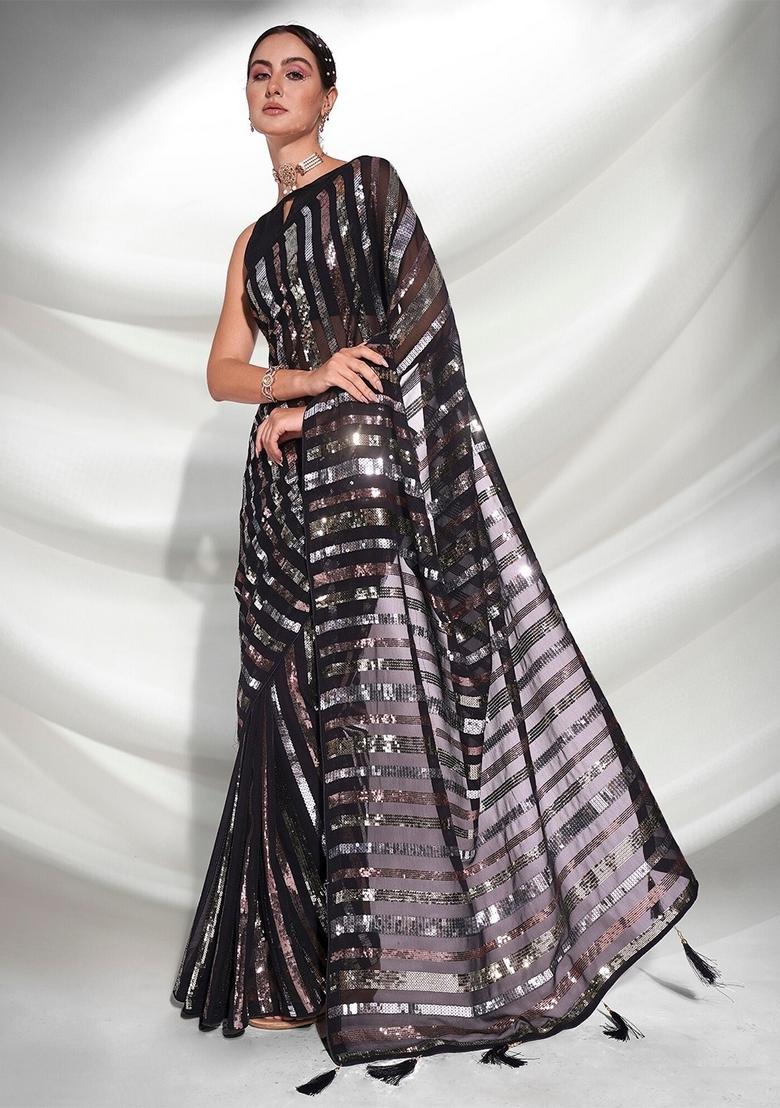 Black Sequin Embroidered Georgette Saree Set