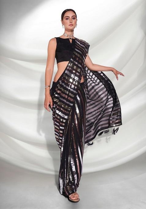 Black Sequin Embroidered Georgette Saree Set