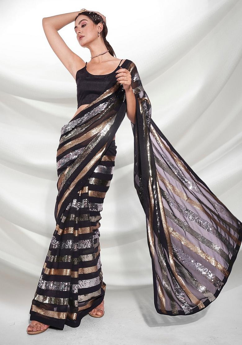 Black Sequin Embroidered Georgette Saree Set