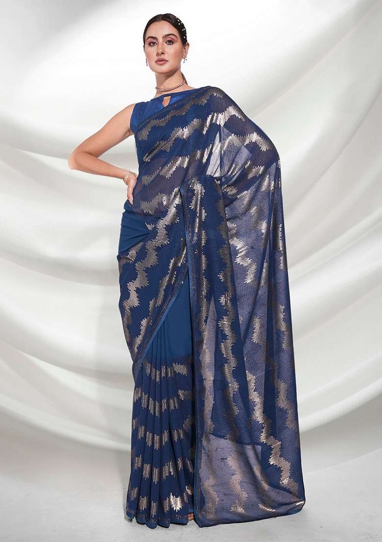 Teal Blue Sequin Embroidered Georgette Saree Set - Indya