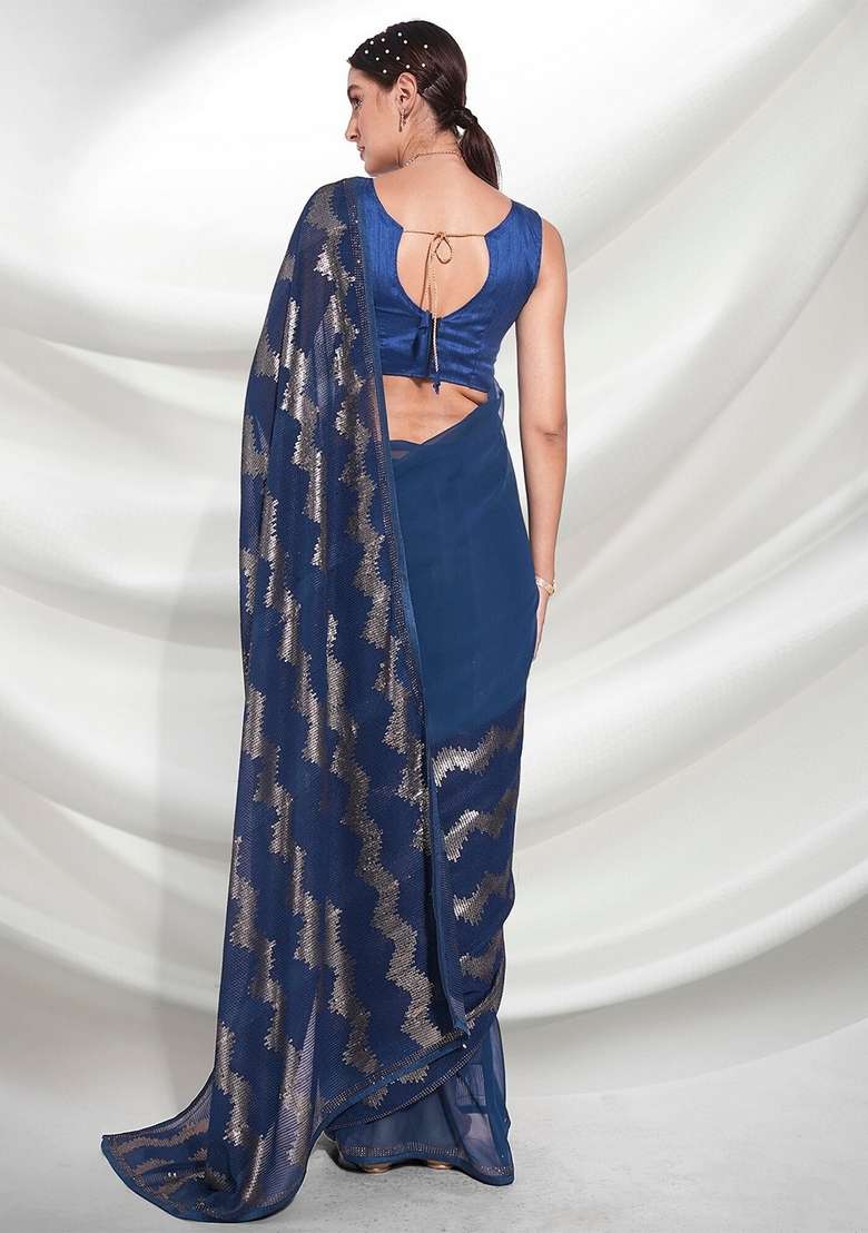Teal Blue Sequin Embroidered Georgette Saree Set - Indya