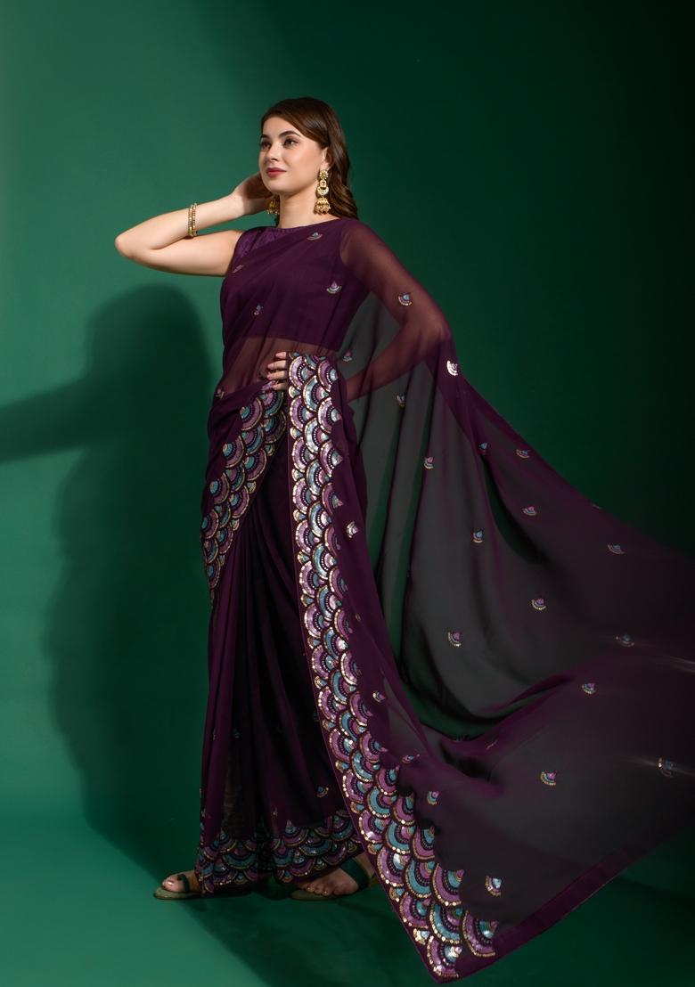 Purple Sequin Embroidered Georgette Saree Set