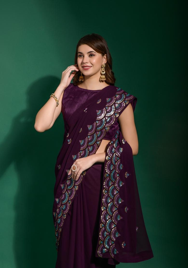 Purple Sequin Embroidered Georgette Saree Set