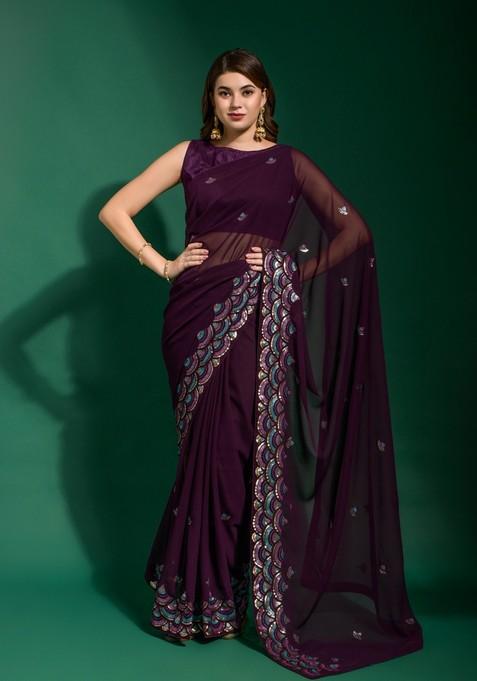 Purple Sequin Embroidered Georgette Saree Set