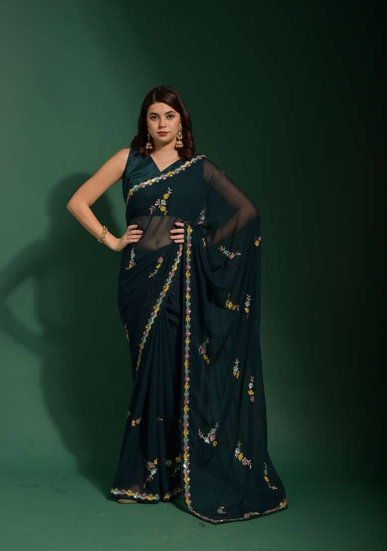 Teal Blue Sequin Embroidered Georgette Saree Set - Indya