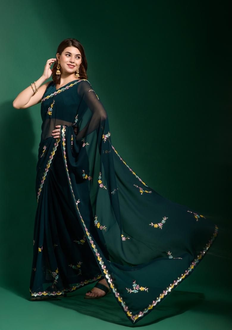 Teal Blue Sequin Embroidered Georgette Saree Set