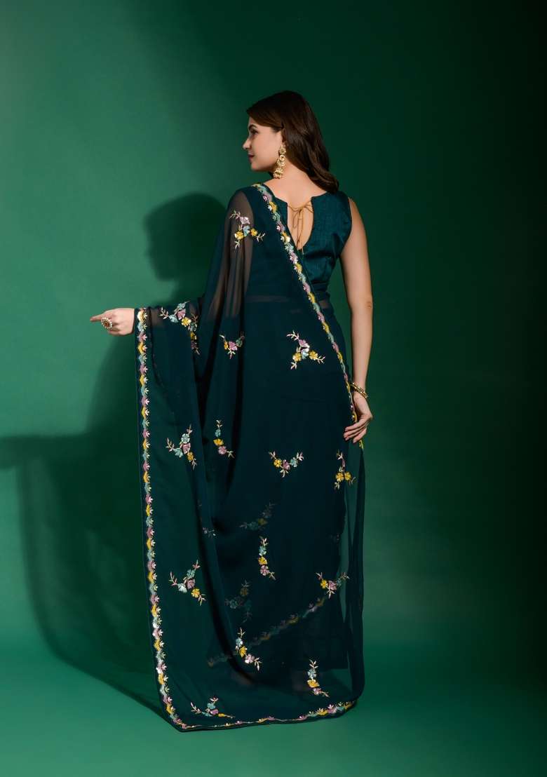 Teal Blue Sequin Embroidered Georgette Saree Set - Indya