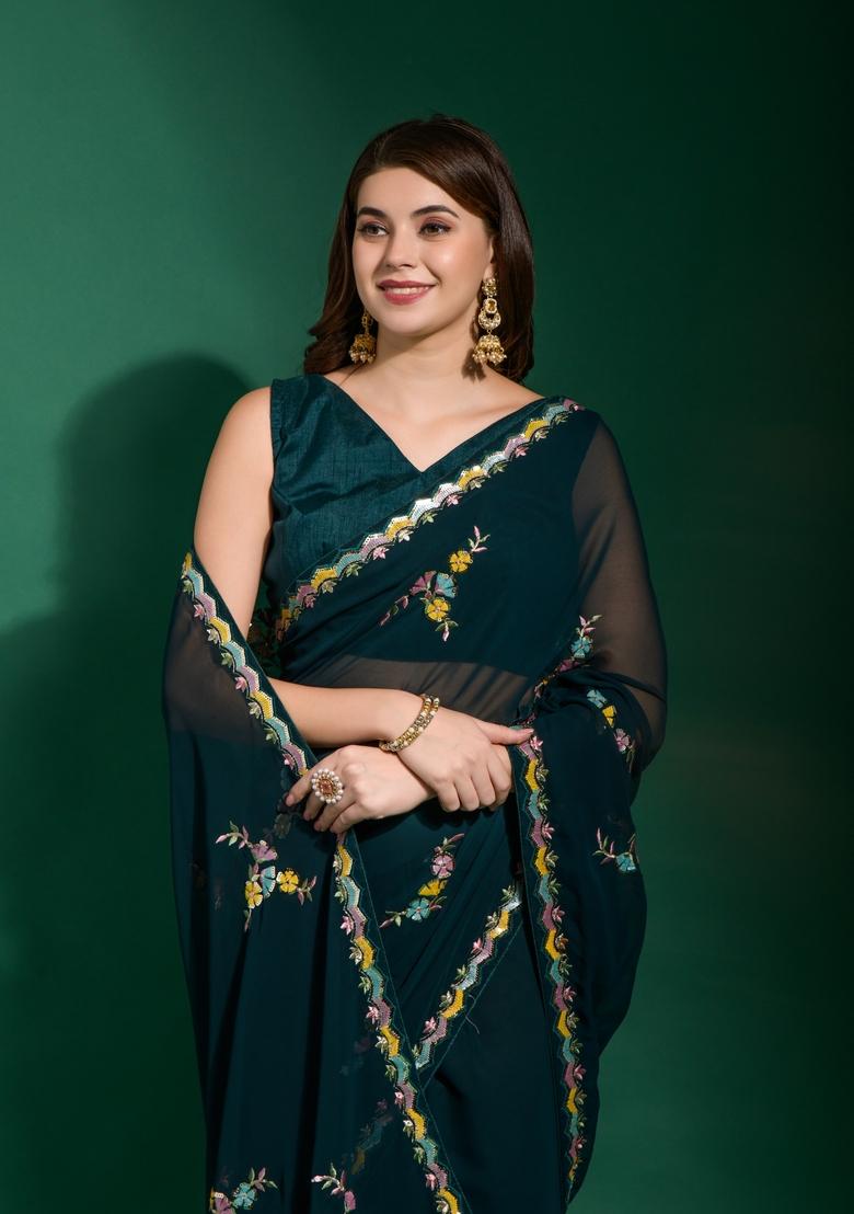 Teal Blue Sequin Embroidered Georgette Saree Set