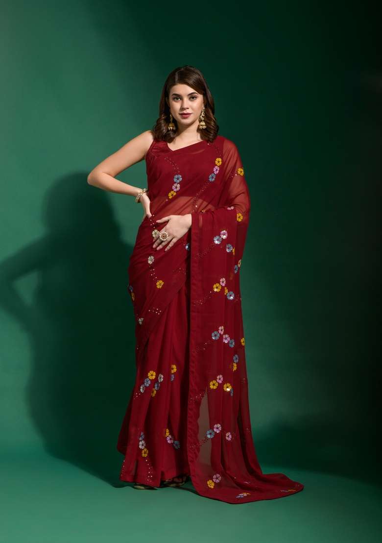 Maroon Sequin Embroidered Georgette Saree Set - Indya