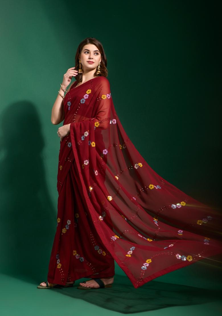Maroon Sequin Embroidered Georgette Saree Set