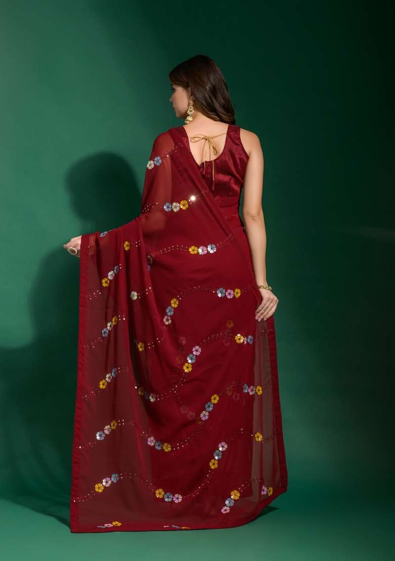 Maroon Sequin Embroidered Georgette Saree Set - Indya