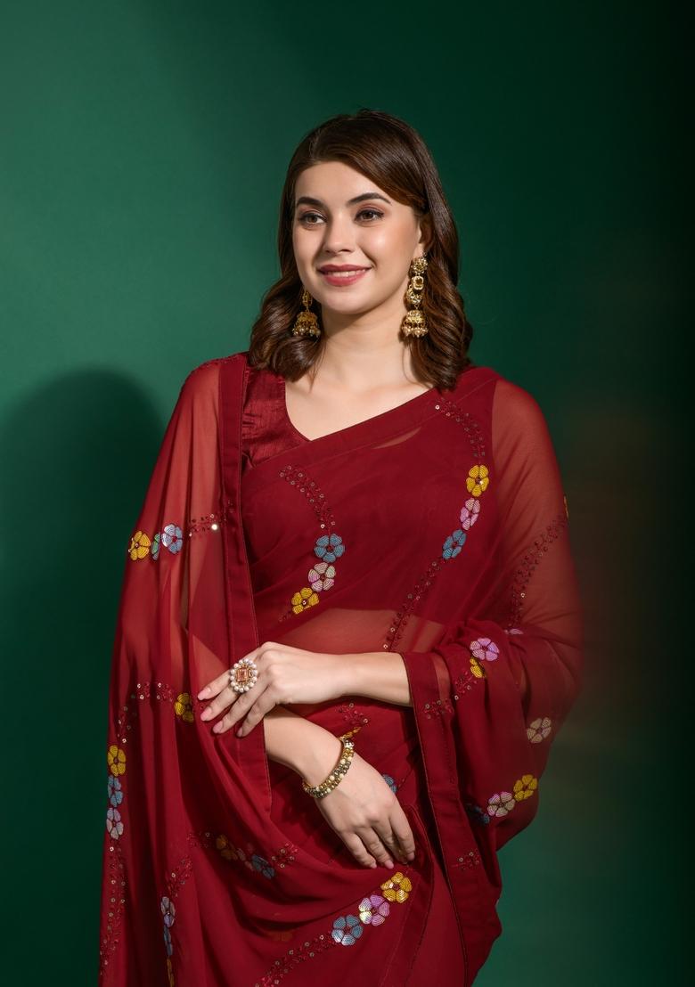 Maroon Sequin Embroidered Georgette Saree Set