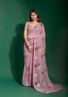 Pink Sequin Embroidered Georgette Saree Set